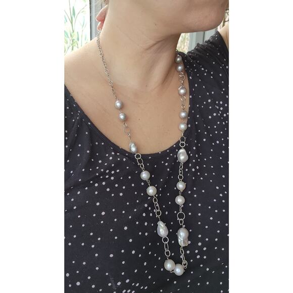 Signed LUC 925 CN Lucas Lameth Sterling Silver Gray Baroque Pearl Necklace long - Picture 10 of 10